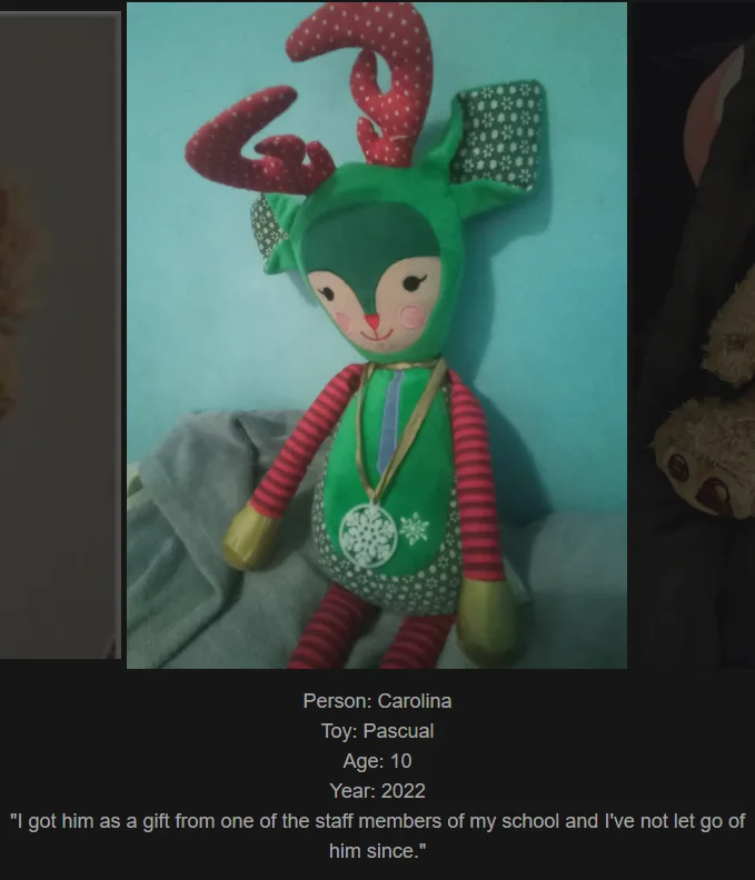 A plush green reindeer toy named 'Pascual' with red polka-dot antlers and striped red-and-white arms, wearing a medal, is…