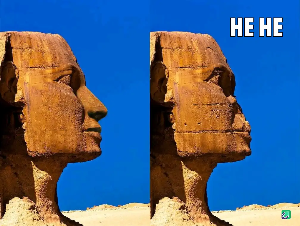 The image shows two identical, weathered stone sphinx heads side by side against a bright blue sky, with the text 'HE HE' in…