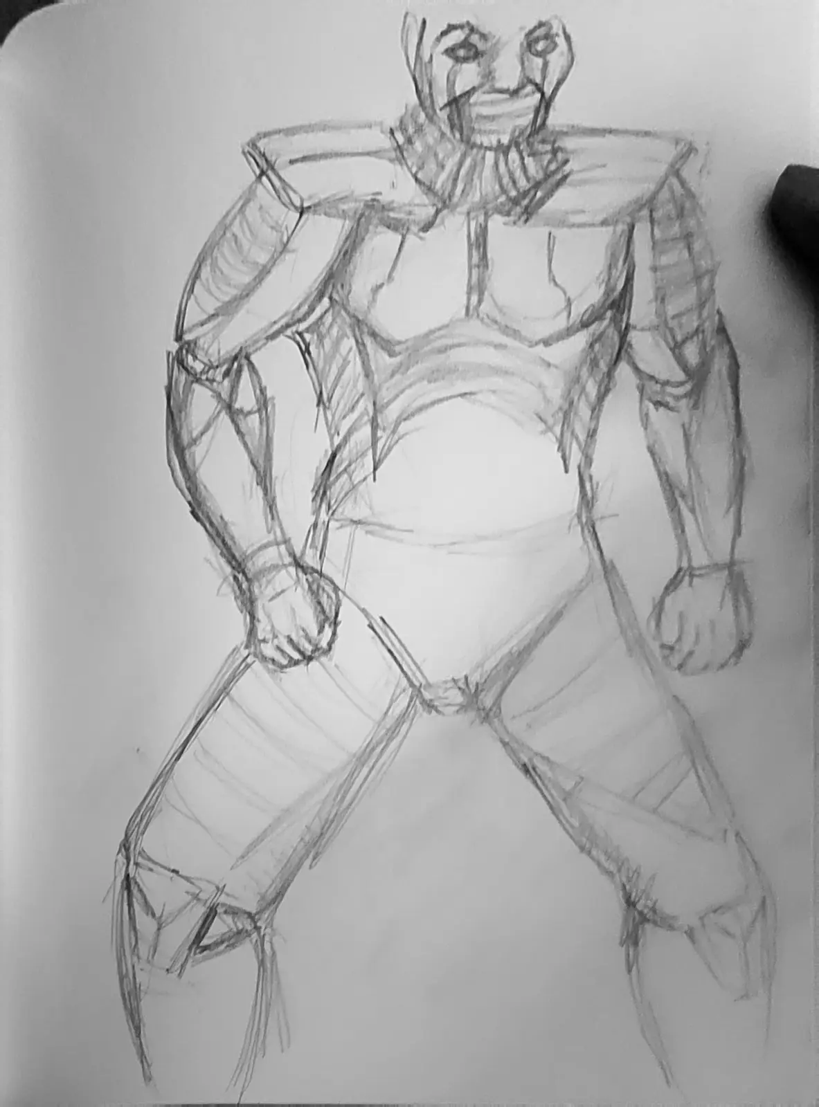 A rough pencil sketch of a muscular humanoid figure with exaggerated musculature and a somewhat distorted, cartoonish face…