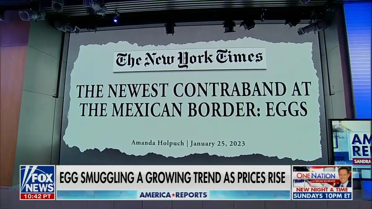 A Fox News broadcast shows a large screen displaying a mock New York Times headline that reads 'THE NEWEST CONTRABAND AT THE…