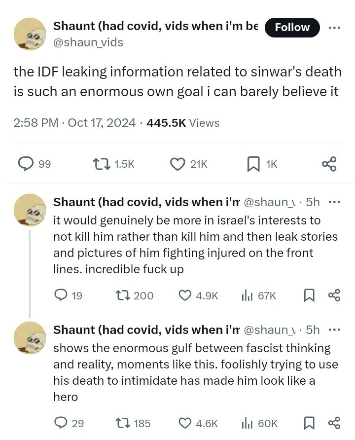 The image shows a screenshot of a Twitter/X post by user 'Shaunt (had covid, vids when i'm be)' with a profile picture of a…