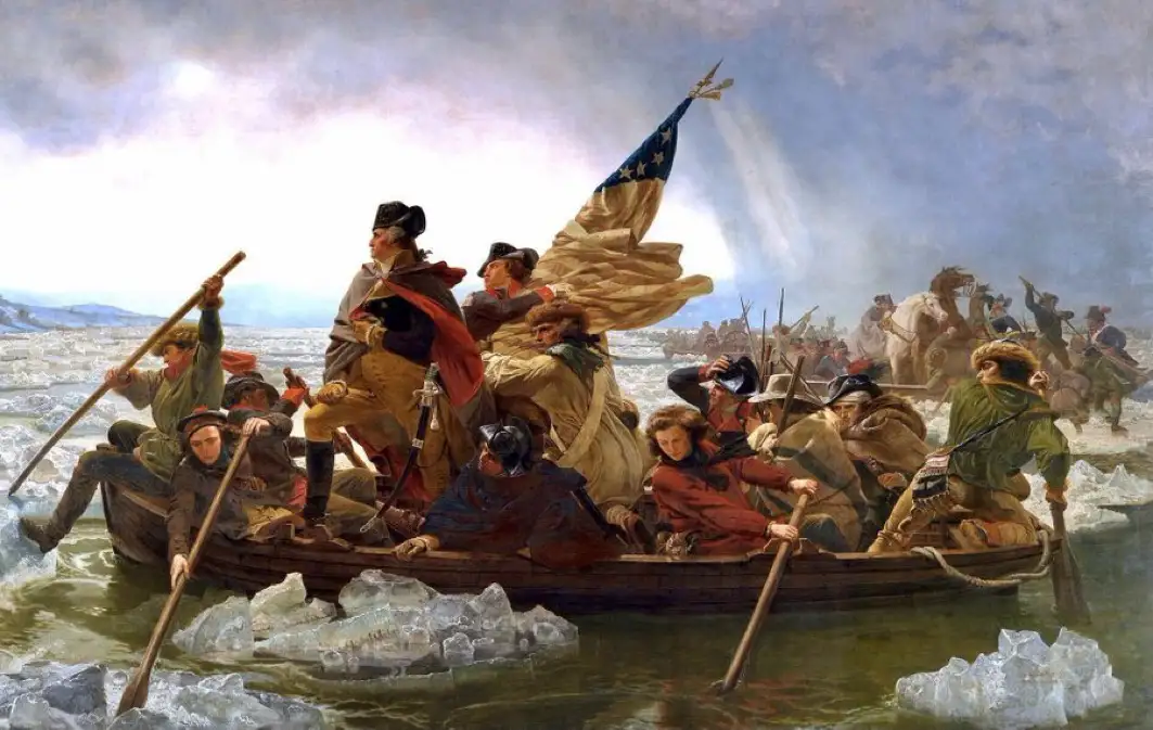 a historical painting depicts George Washington and his soldiers crossing a frozen river in a small boat, surrounded by ice…