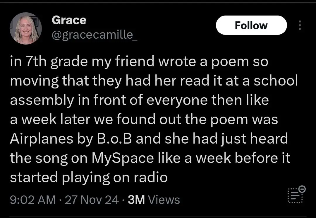 A screenshot of a tweet by user Grace (@gracecamille_) showing a story about a friend who read a poem at school that turned…