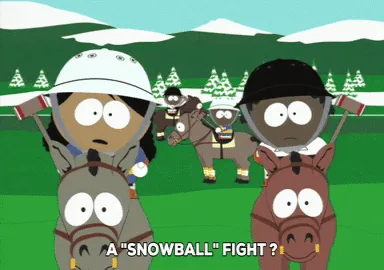 Six panels show two cartoon characters on horses in a snowy field, reacting to a 'snowball fight' suggestion. The first…