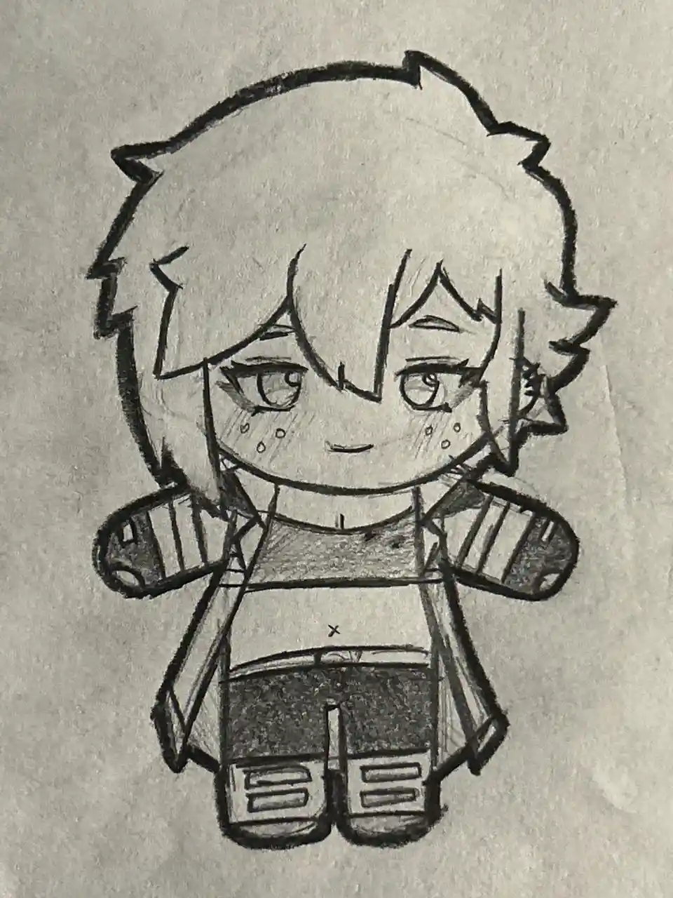 A hand-drawn chibi-style anime character with spiky hair, a smug expression, and visible sweat droplets on their cheeks…