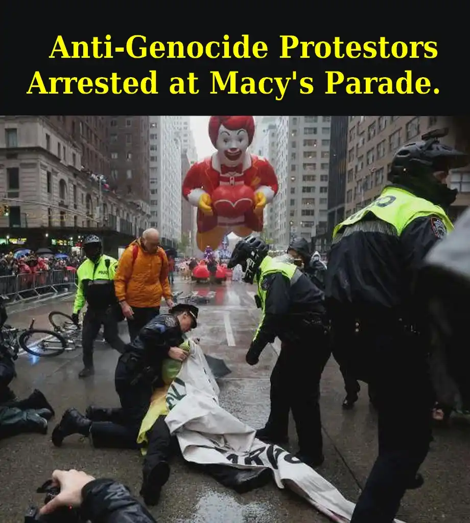 Police officers arrest a protester on a wet city street during what appears to be the Macy's Thanksgiving Day Parade, with a…