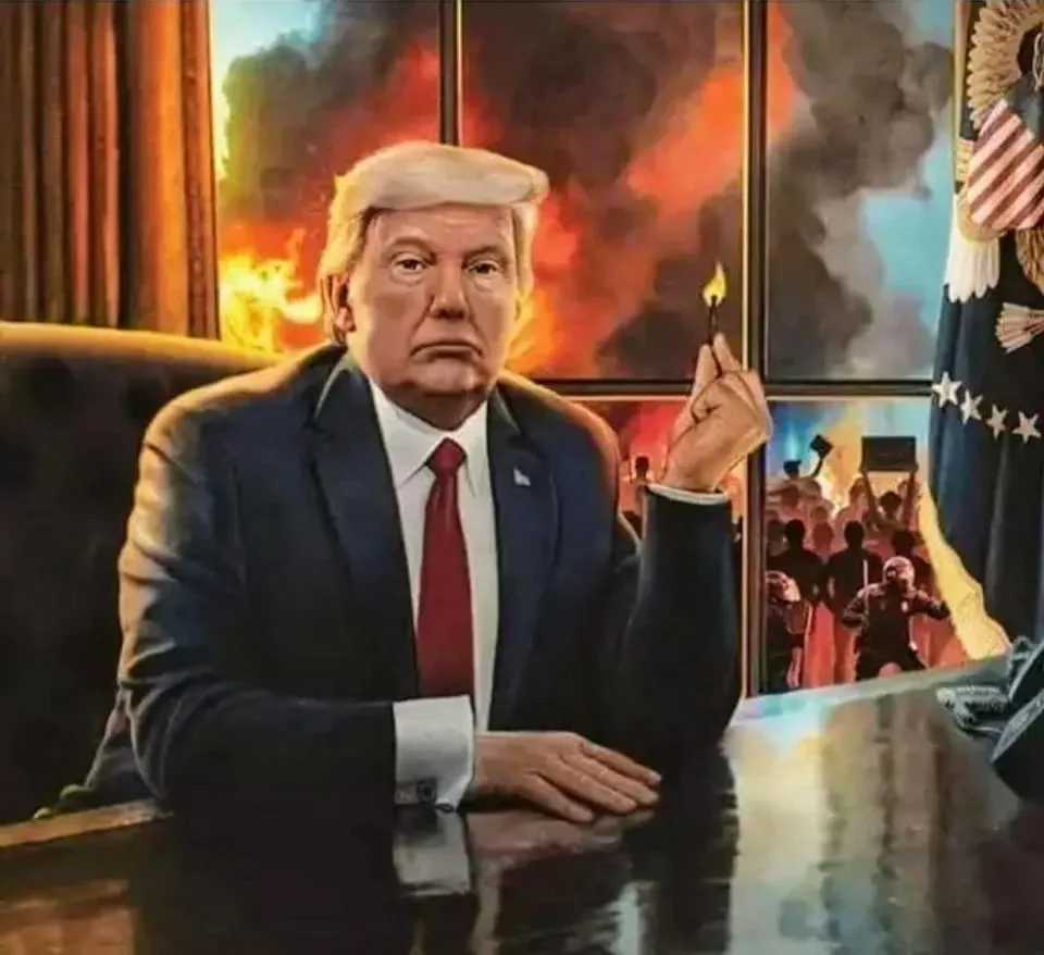 A digitally altered image shows Donald Trump seated at a desk in an office, holding a lit match. Behind him, windows reveal…