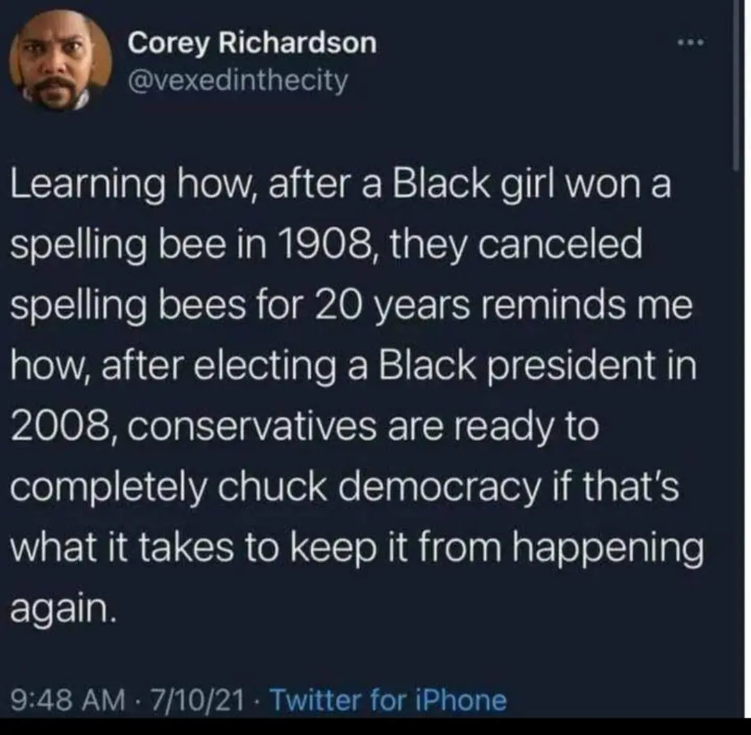 A screenshot of a tweet by Corey Richardson (@vexedinthecity) from July 10, 2021, showing a dark background with white text…