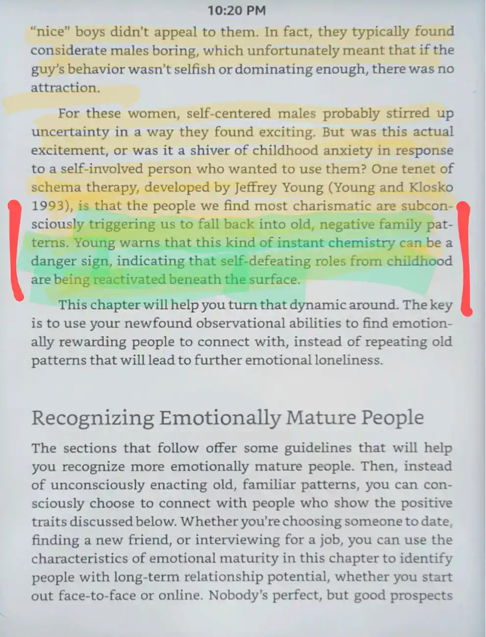 A screenshot of a book page with text highlighted in yellow and green, and red vertical lines drawn on either side of a…