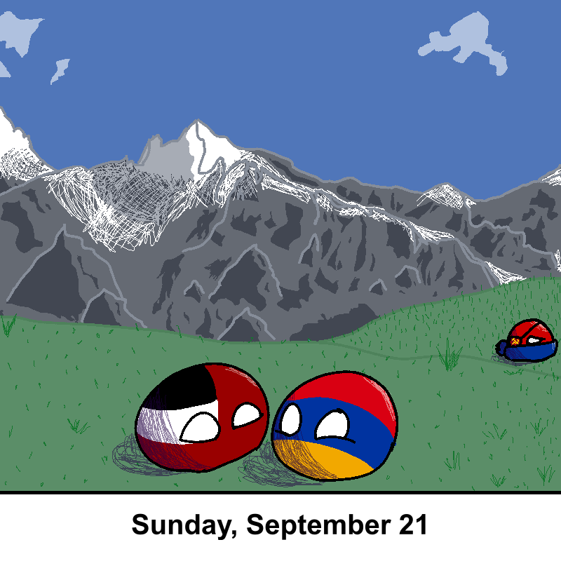 Two anthropomorphic country balls, one with the flag of Chile and one with the flag of Armenia, are lying on a grassy field…