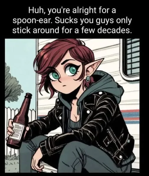 An illustrated elf woman with green eyes and pointed ears sits outside holding a beer bottle, looking slightly annoyed. The…