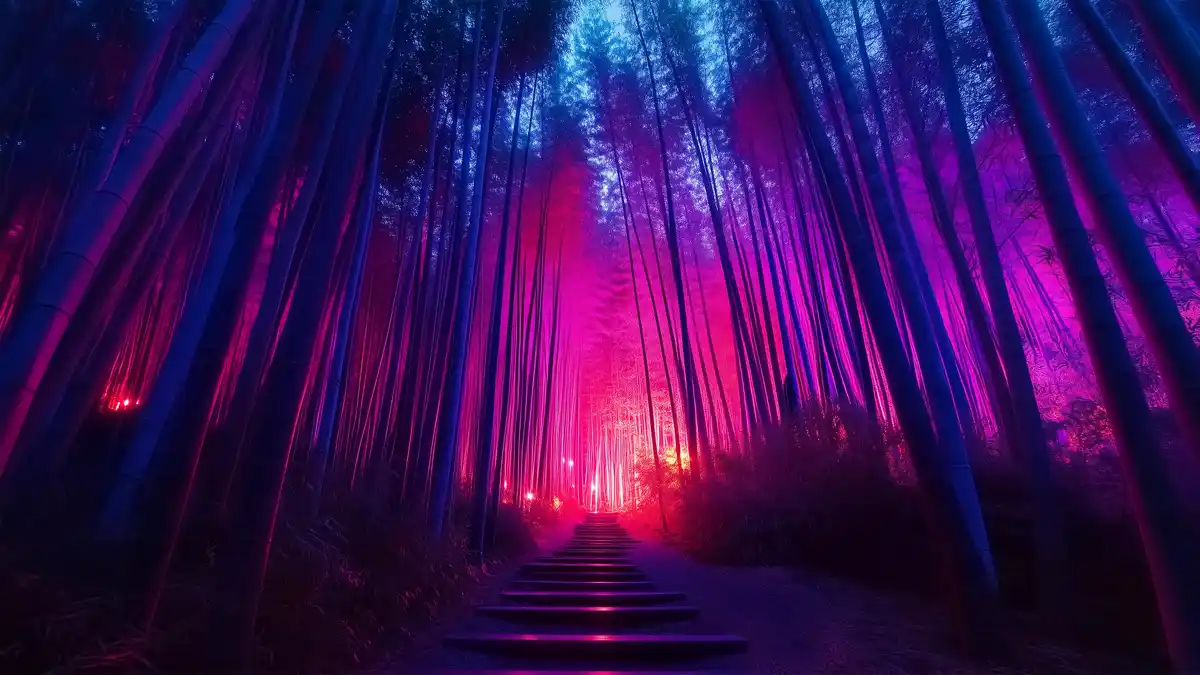 A surreal, neon-lit bamboo forest with a stone path leading toward a glowing red light at the end. The scene is bathed in…