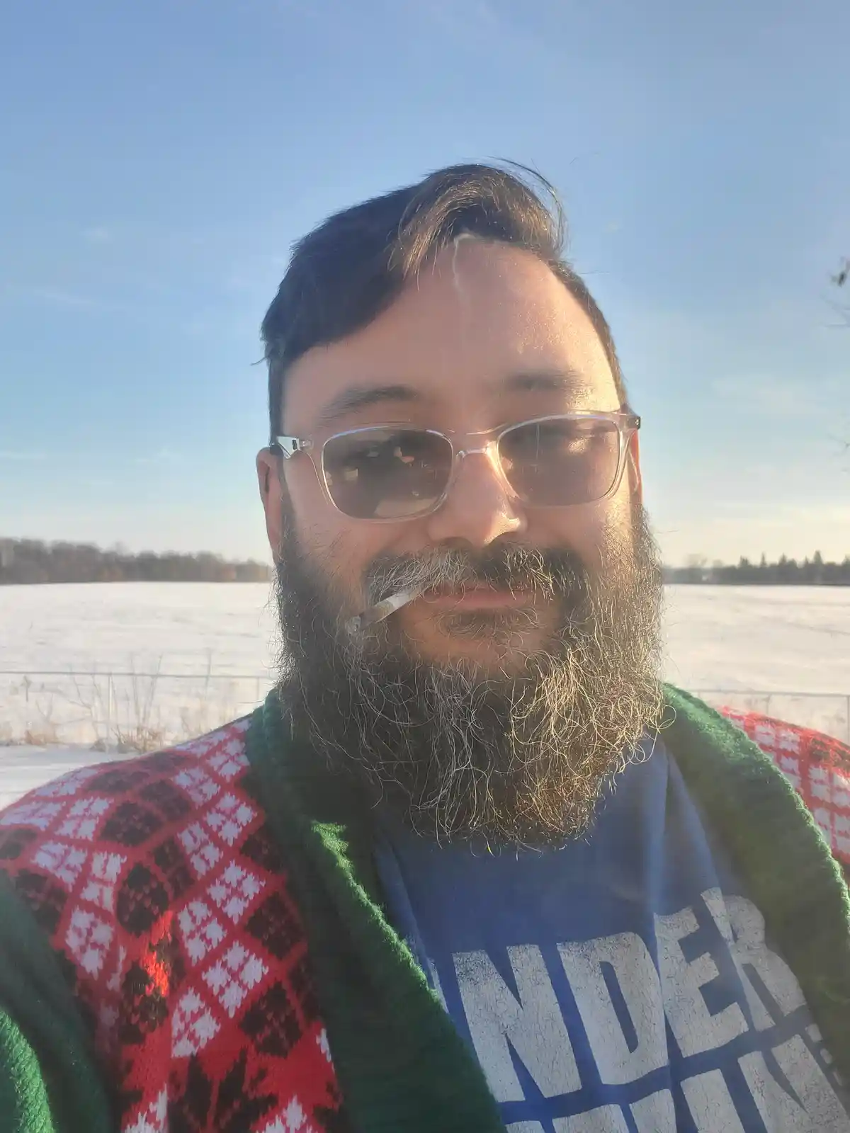 A man with a full beard and glasses stands outdoors in a snowy field under a clear blue sky, wearing a festive red, green…