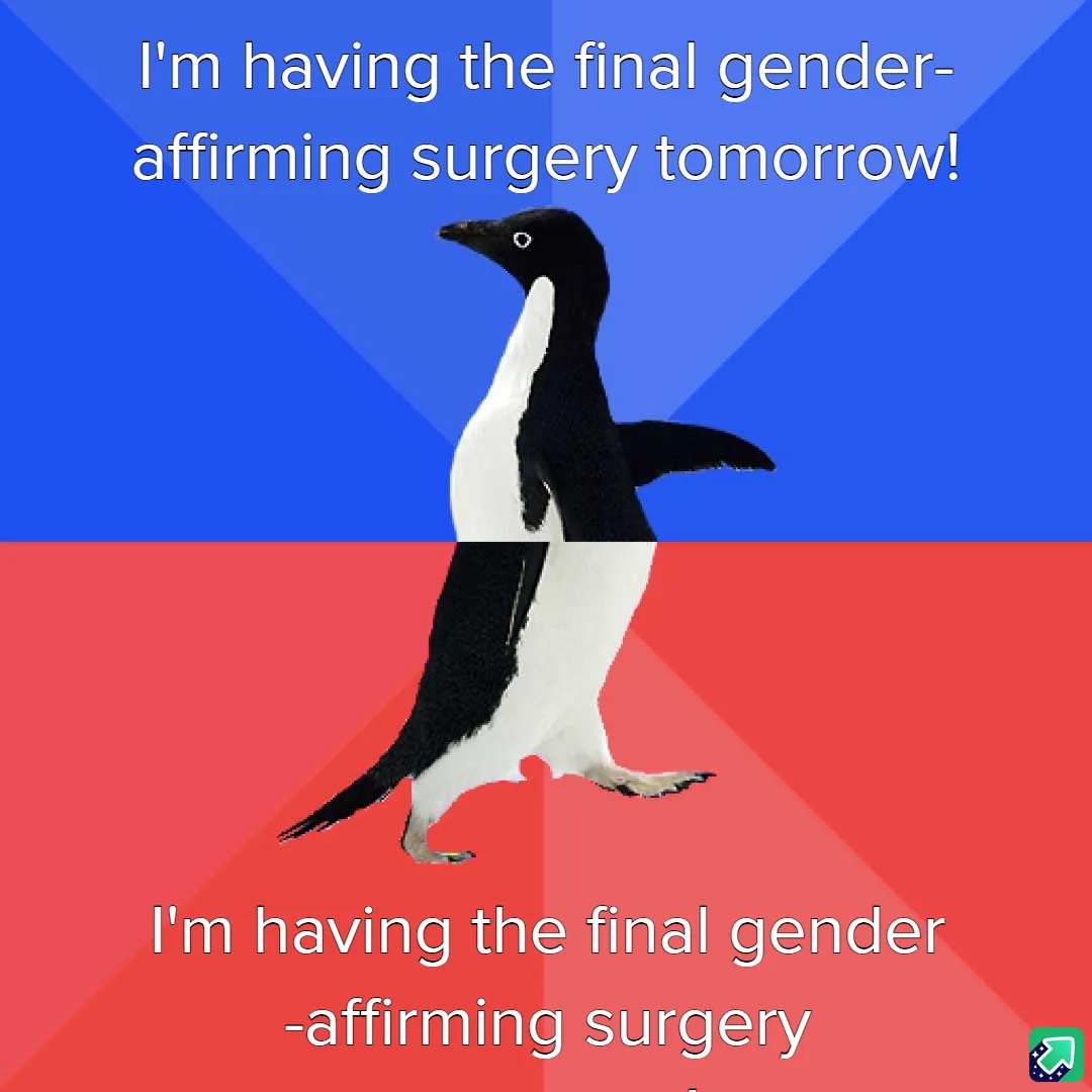 A penguin is split vertically down the middle, with the top half against a blue background and the bottom half against a red…