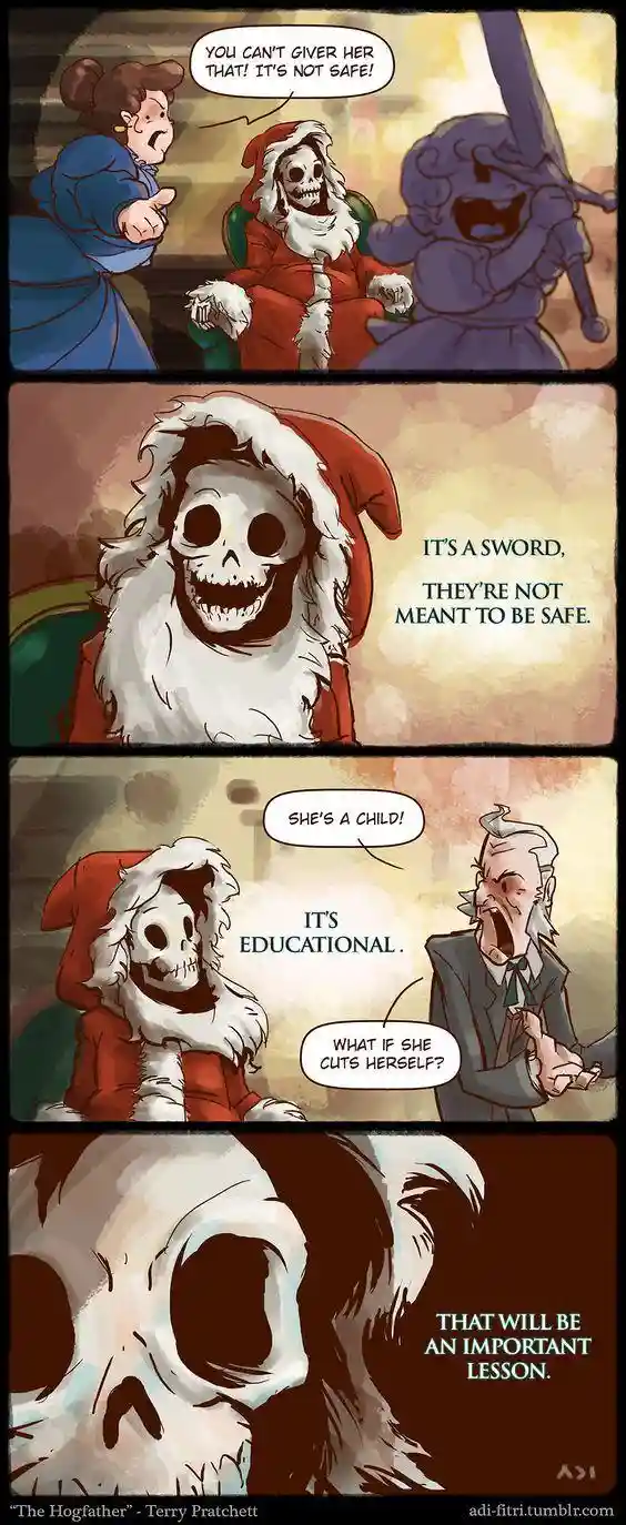 A four-panel comic strip featuring a skeletal Santa Claus, a woman in a blue dress, and a sword-wielding figure. The woman…