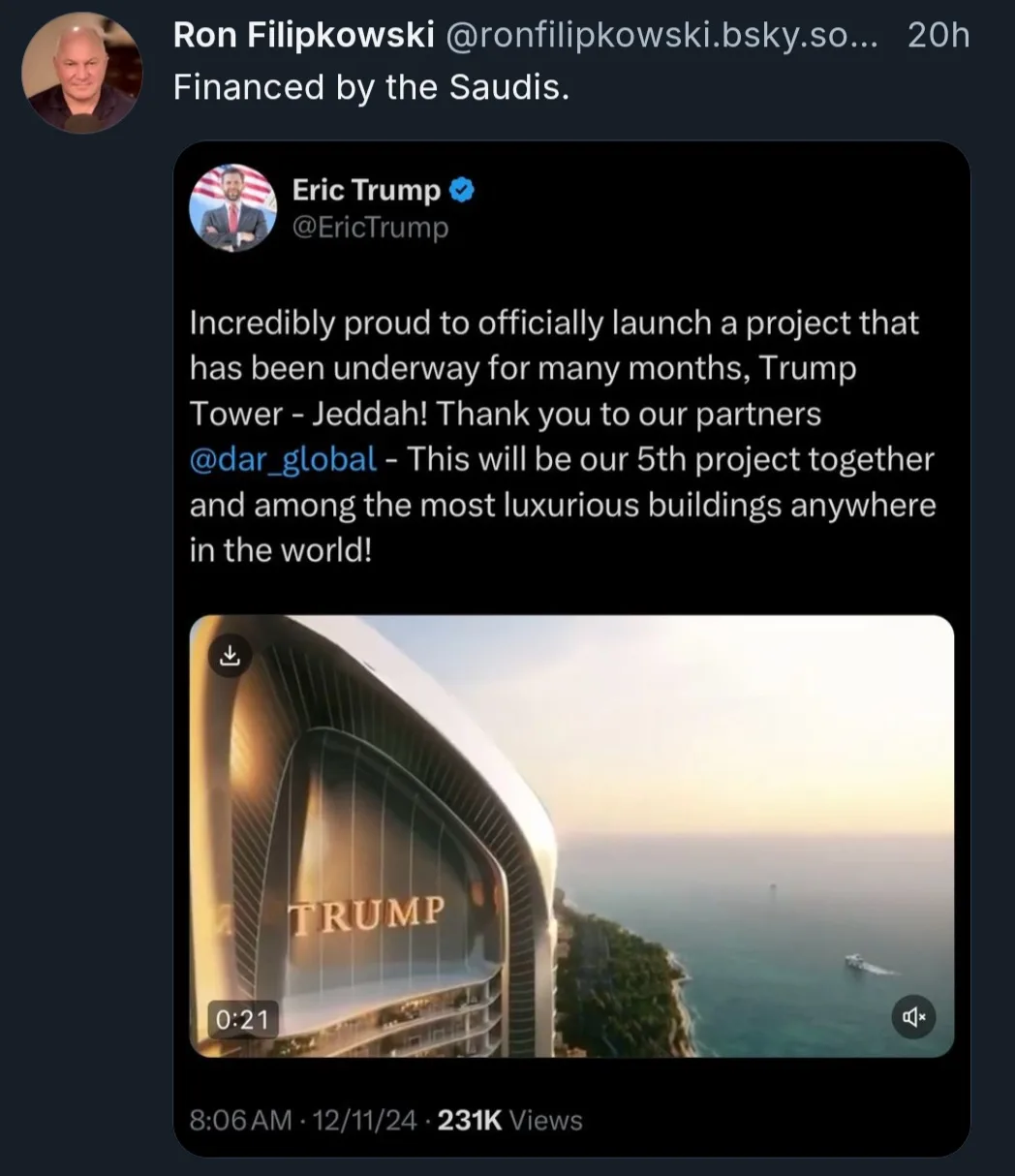 A screenshot of a social media post by Ron Filipkowski showing a tweet from Eric Trump announcing the launch of 'Trump Tower…