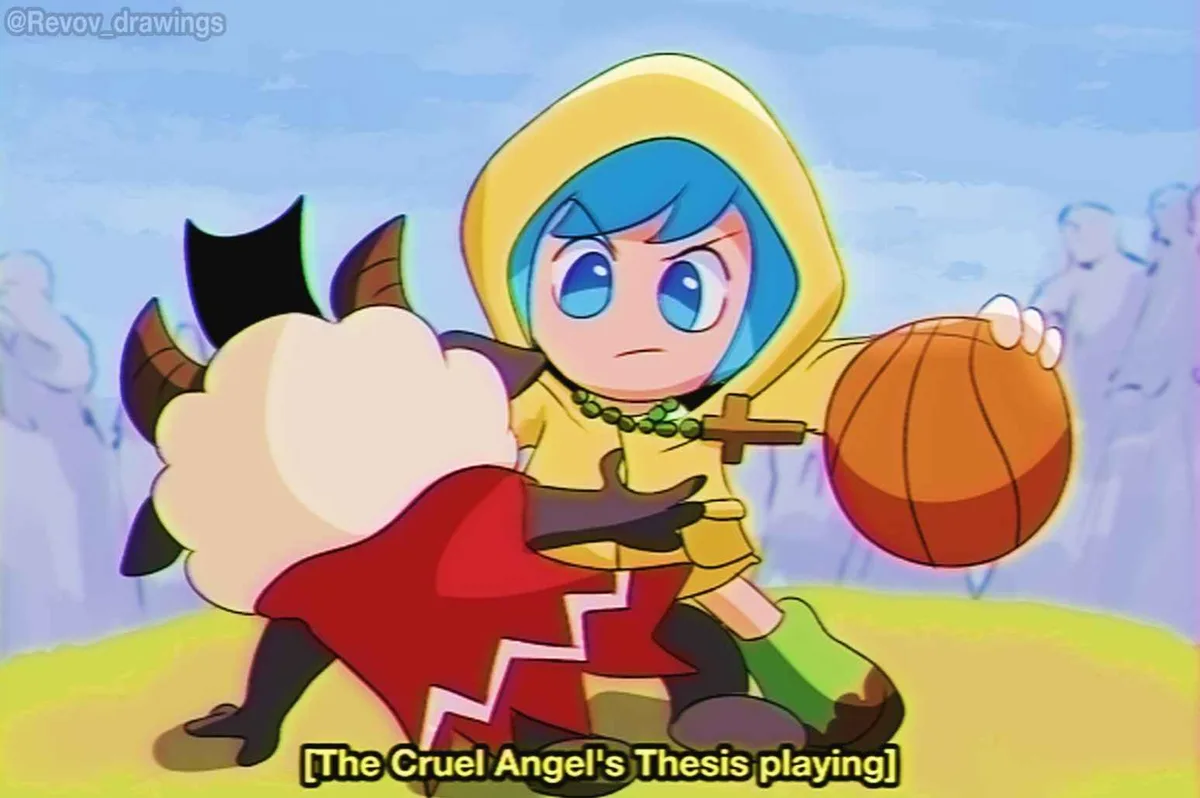 An anime character with blue hair and a yellow hooded outfit holds a basketball while being hugged from behind by a…
