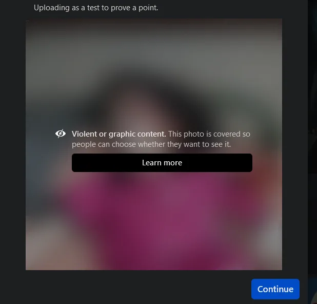A blurred image of a person wearing a pink top is overlaid with a warning message stating 'Violent or graphic content. This…