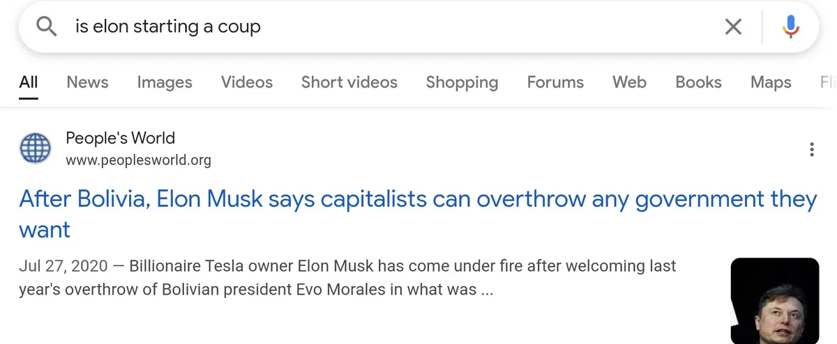 A screenshot of a Google search results page for 'is elon starting a coup' shows the top result from 'People's World' with…