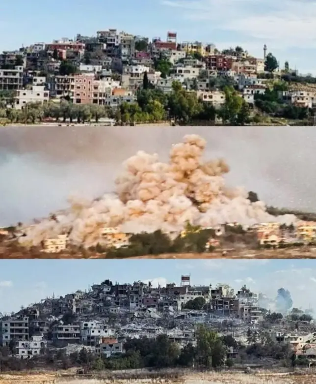 The image is a three-panel vertical collage showing a hillside town before a large explosion, the explosion itself creating…