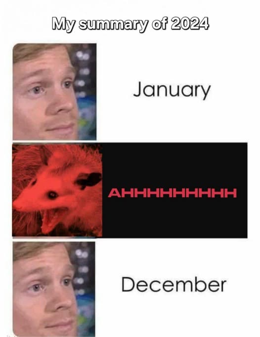 The image is a three-panel meme. The top and bottom panels show a man with a blank, slightly confused expression, labeled…