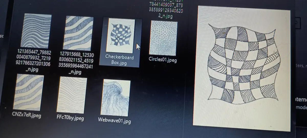 A computer screen displays a file explorer with several image thumbnails, including wavy and circular patterns, with one…