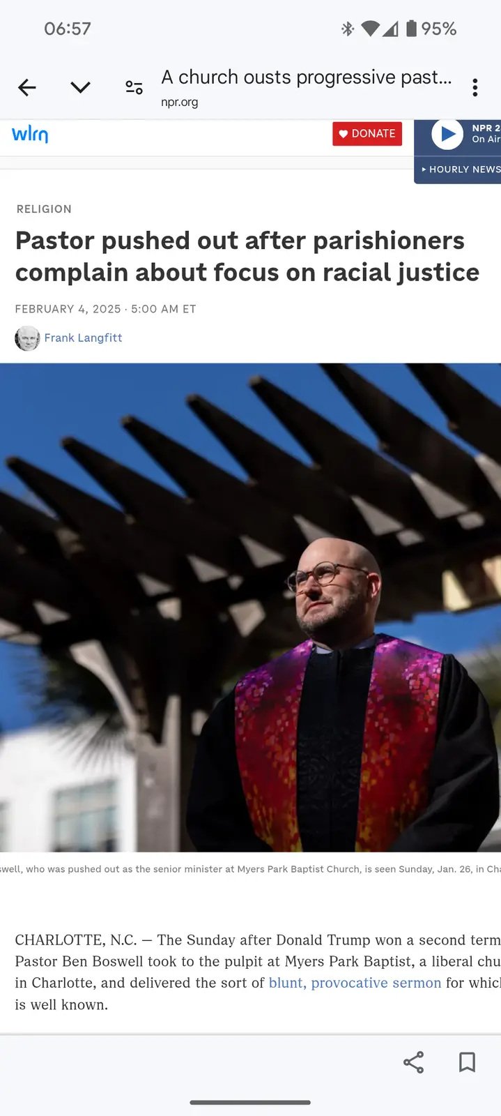 A screenshot of an NPR news article about Pastor Ben Boswell, who was ousted from Myers Park Baptist Church after…