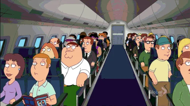 A six-panel comic strip from Family Guy shows a man in a purple tank top and shorts dancing wildly down the aisle of an…
