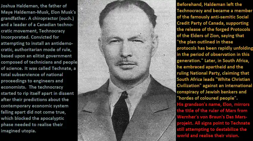 A black-and-white portrait of a man in a suit and tie is flanked by two blocks of text. The left block identifies him as…