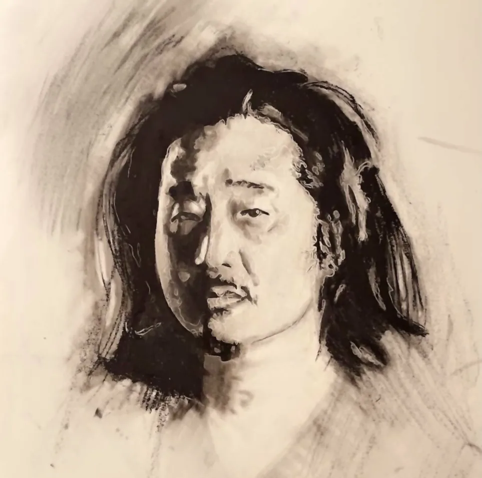 A grainy, black-and-white sketch depicts a man with long dark hair and a weary, slightly downturned expression. The image…