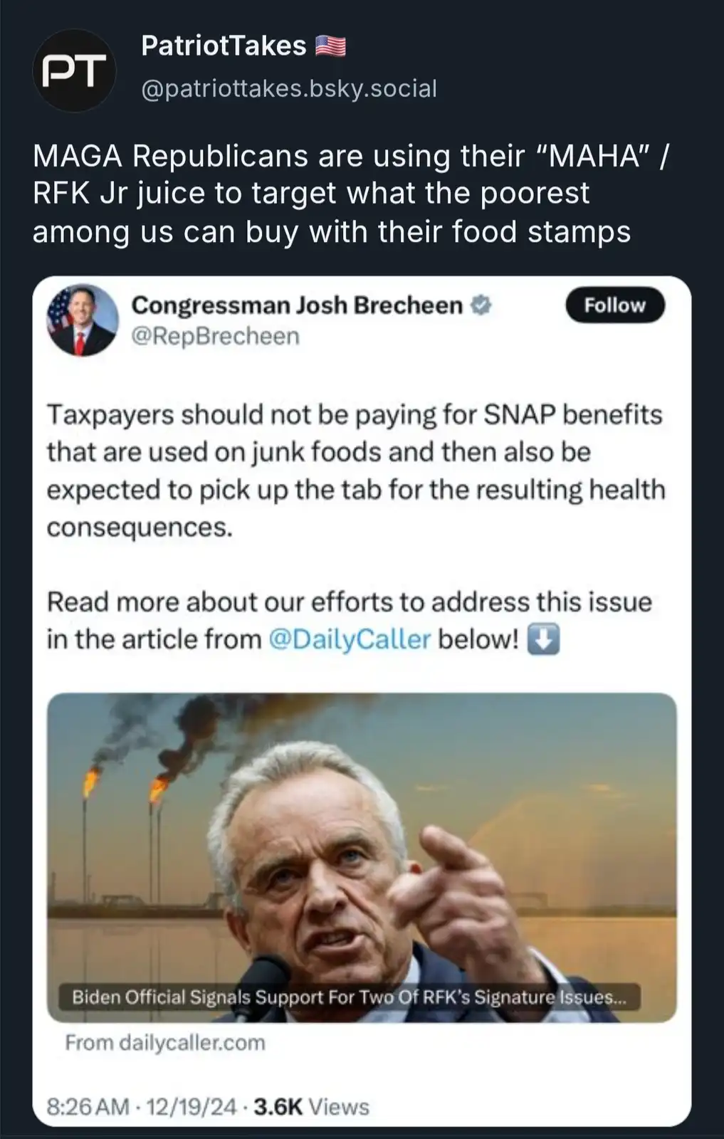 The image shows a screenshot of a tweet from Congressman Josh Brecheen criticizing SNAP benefits for being used on junk…