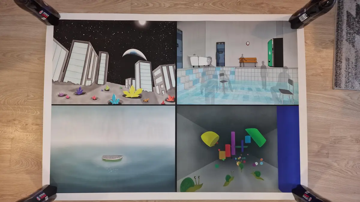 A printed artwork divided into four panels, each depicting a surreal scene: a moonlit alien city with colorful crystals, an…