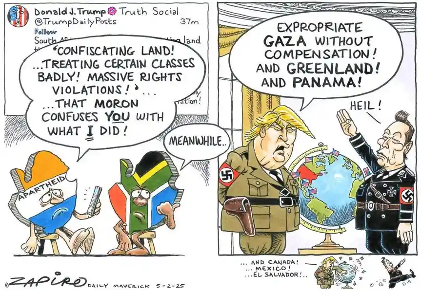 A two-panel cartoon by Zapiro shows two cartoon figures representing apartheid South Africa and another nation reacting to a…