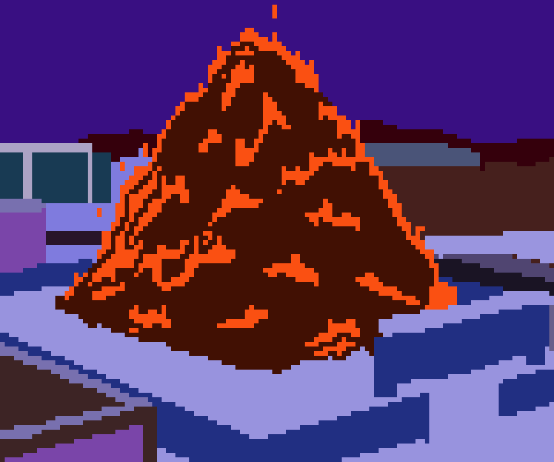A pixelated image shows a large, brown, triangular pile of poop with orange flames licking its edges, sitting on a snowy…