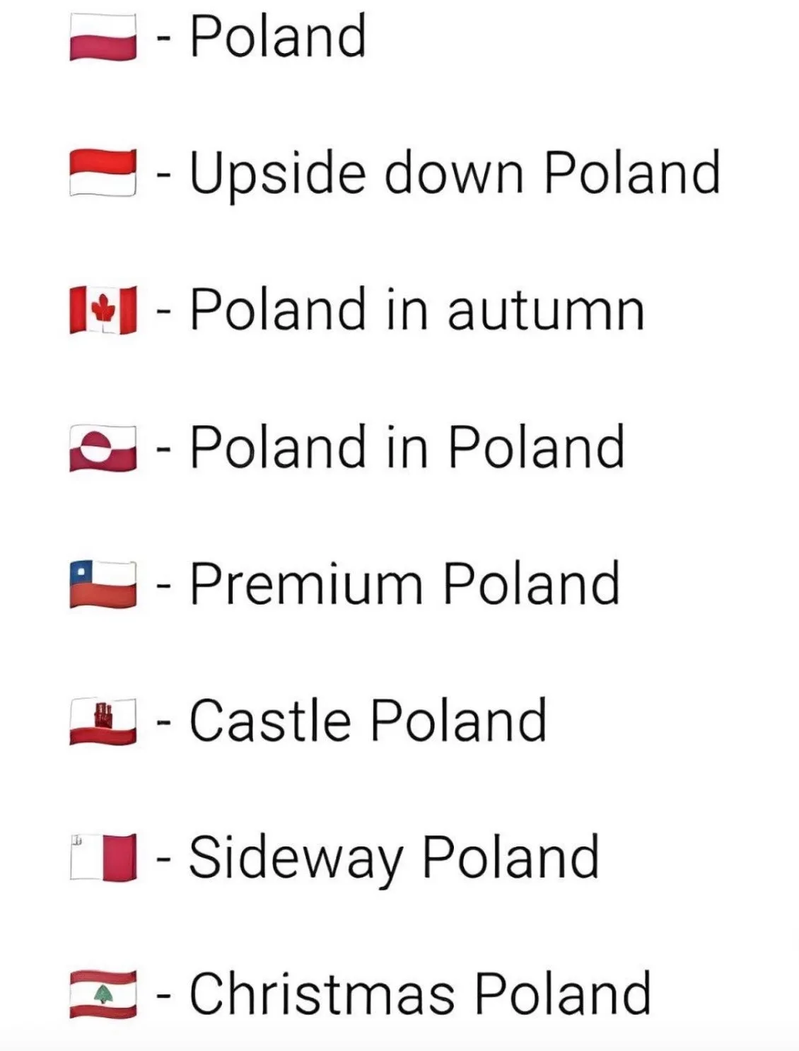 A list of eight items, each paired with a flag emoji and a humorous description of 'Poland' that is visually misleading or…