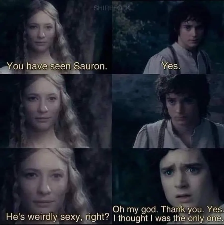 A six-panel meme from 'The Lord of the Rings' featuring Arwen and Aragorn. Arwen asks if he's seen Sauron, he replies 'Yes.'…