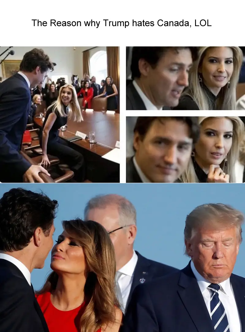 The image is a collage of four photos: top left shows Justin Trudeau leaning toward Ivanka Trump at a table; top right shows…