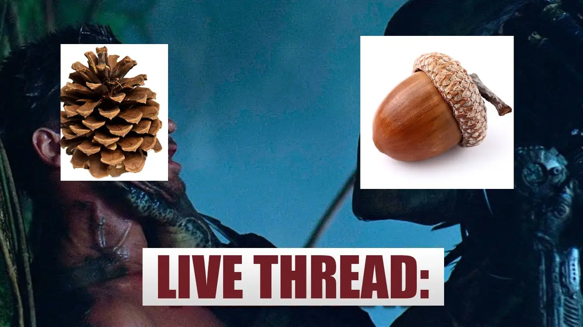 The image shows two characters from a movie, with a pinecone superimposed over the left character's face and an acorn over…