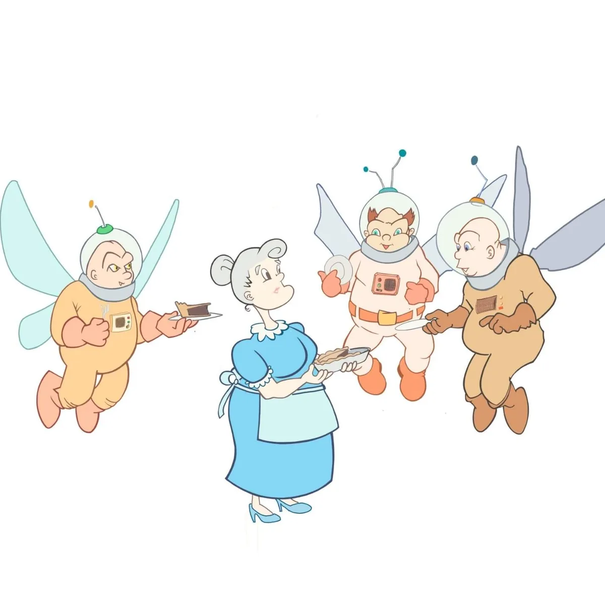 An elderly woman in a blue dress and apron stands facing three cartoon fairies wearing astronaut suits and helmets with…