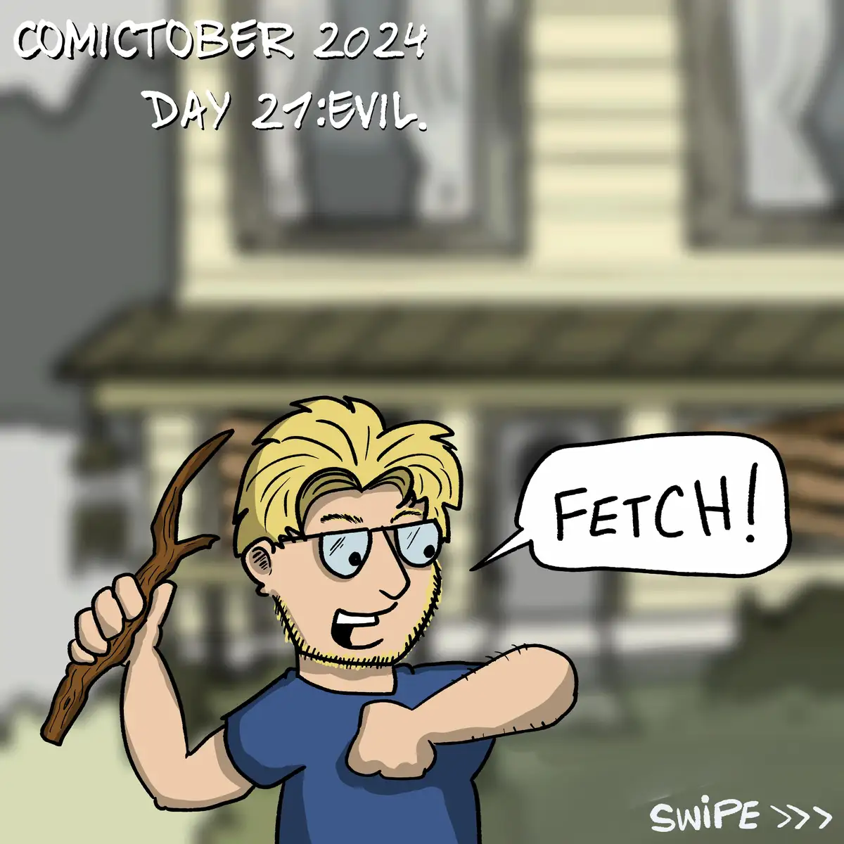 A cartoon man with blonde hair, glasses, and a beard, wearing a blue t-shirt, holds a wooden stick and points forward with a…