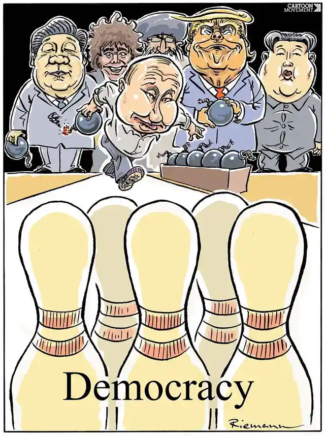A cartoon depicts caricatures of world leaders including Vladimir Putin, Donald Trump, Kim Jong-un, Xi Jinping, and others…