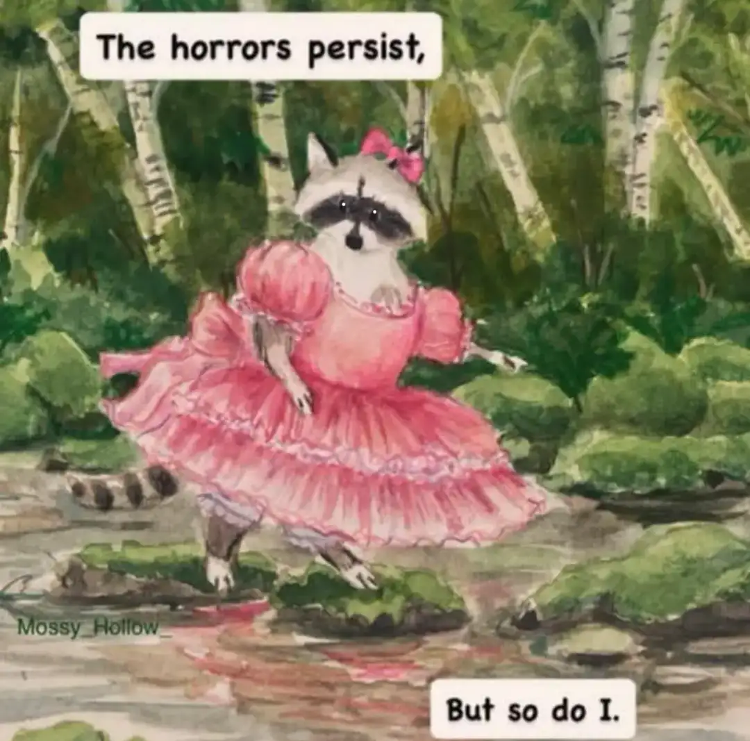 A watercolor painting shows a raccoon wearing a pink frilly dress and a pink bow, standing in a forest with birch trees. The…