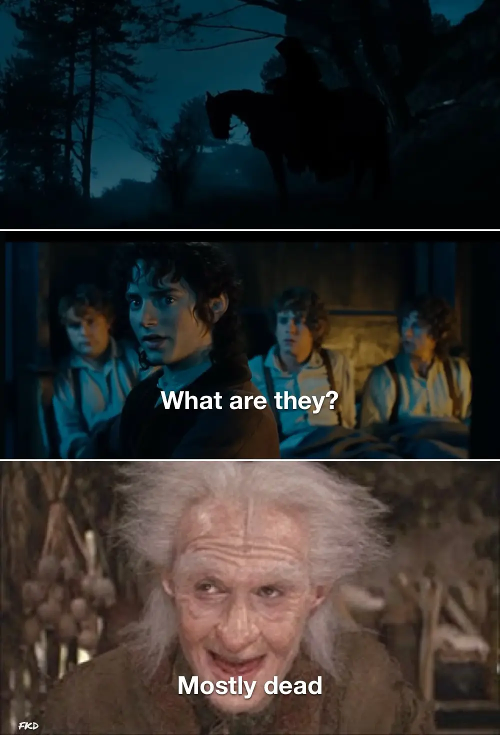 The meme features three panels: the top shows a dark silhouette of a rider on horseback in a forest at night; the middle…