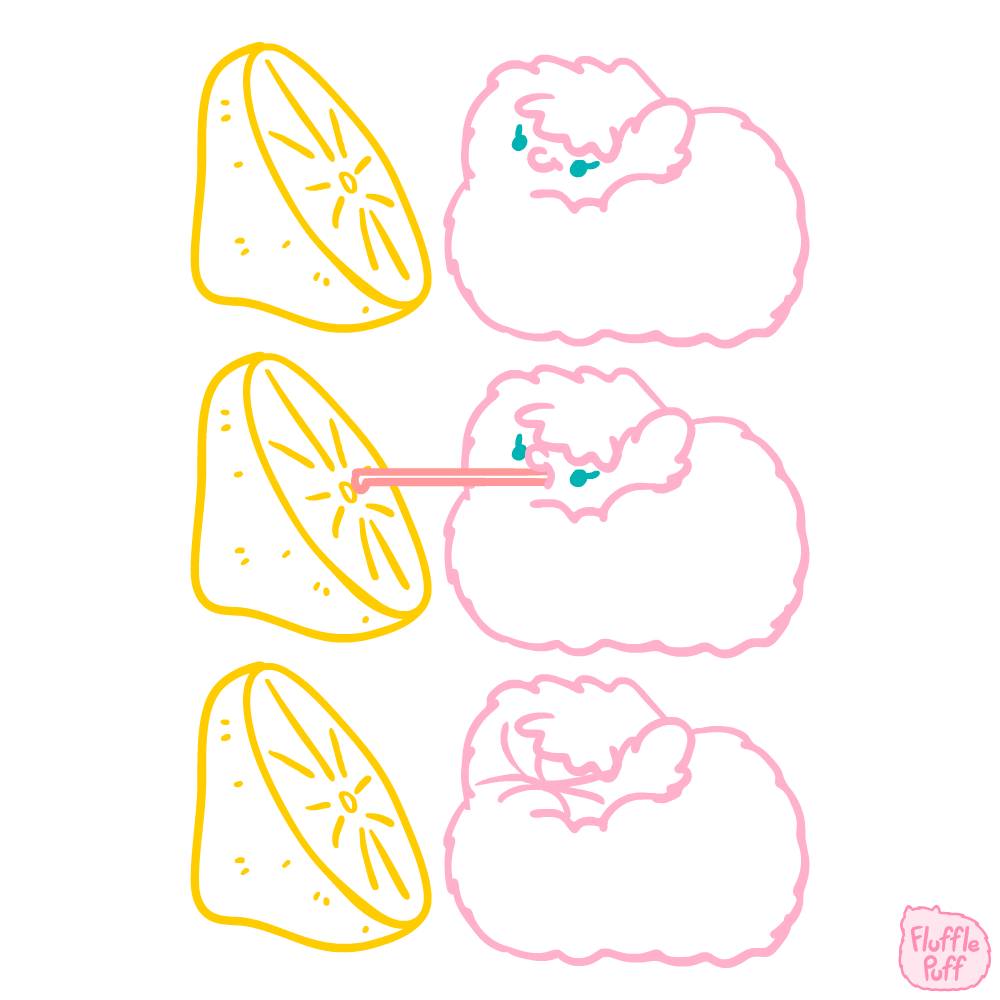 Three yellow citrus slices are shown vertically, each paired with a pink, fluffy, cartoonish creature. The middle citrus…