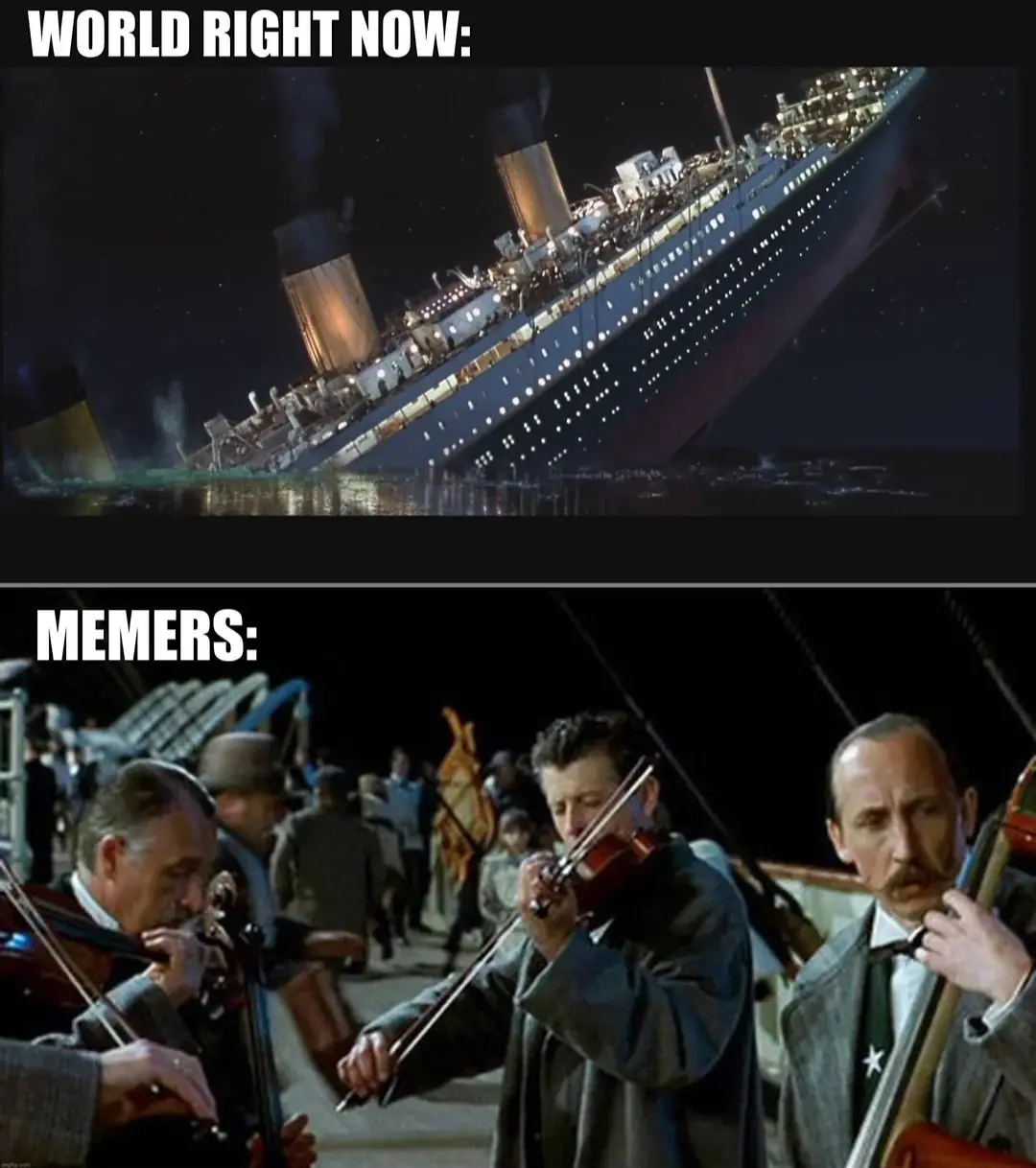The top panel shows the Titanic sinking at night, with the text 'WORLD RIGHT NOW:' overlaid. The bottom panel shows…