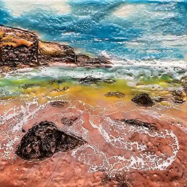 An abstract, textured painting of a beach scene with layered colors: blue sky and ocean, greenish-yellow shallows, and…
