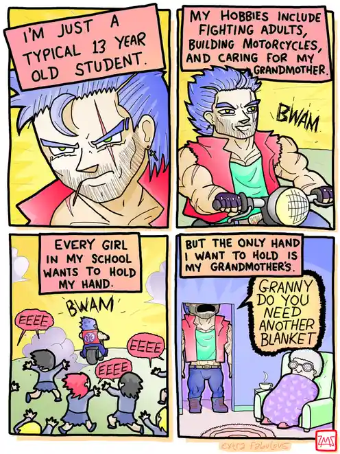 A four-panel comic strip featuring a muscular, blue-haired 13-year-old boy with a tough-guy persona. In the first panel, he…