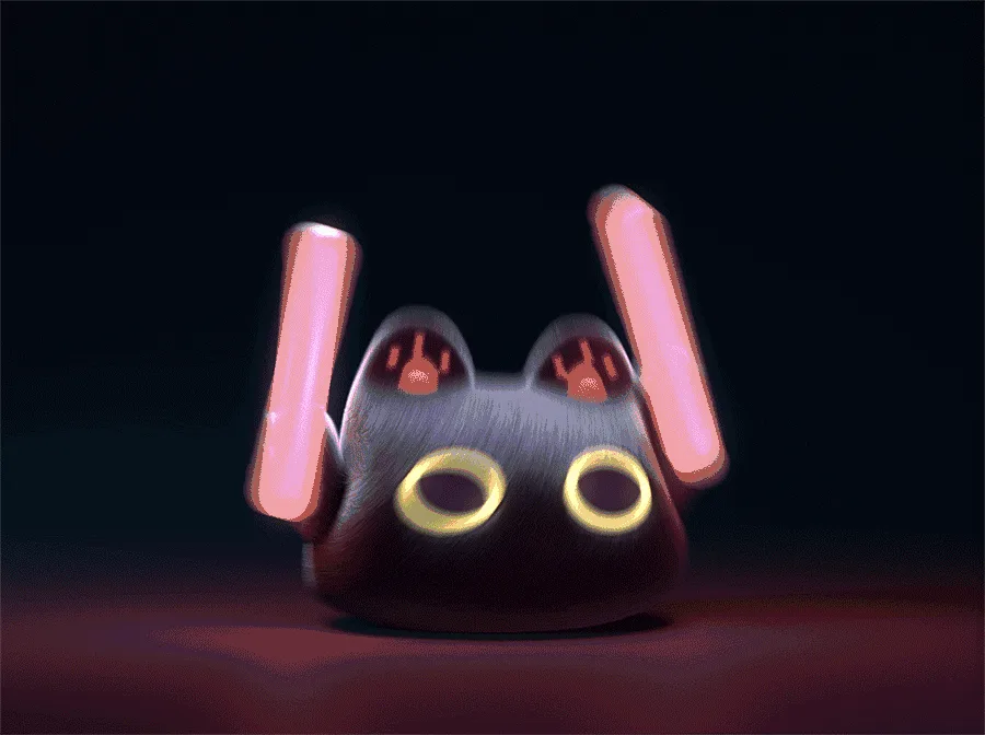A six-panel animation shows a black, cat-like creature with glowing yellow eyes and small glowing paw pads. It holds glowing…