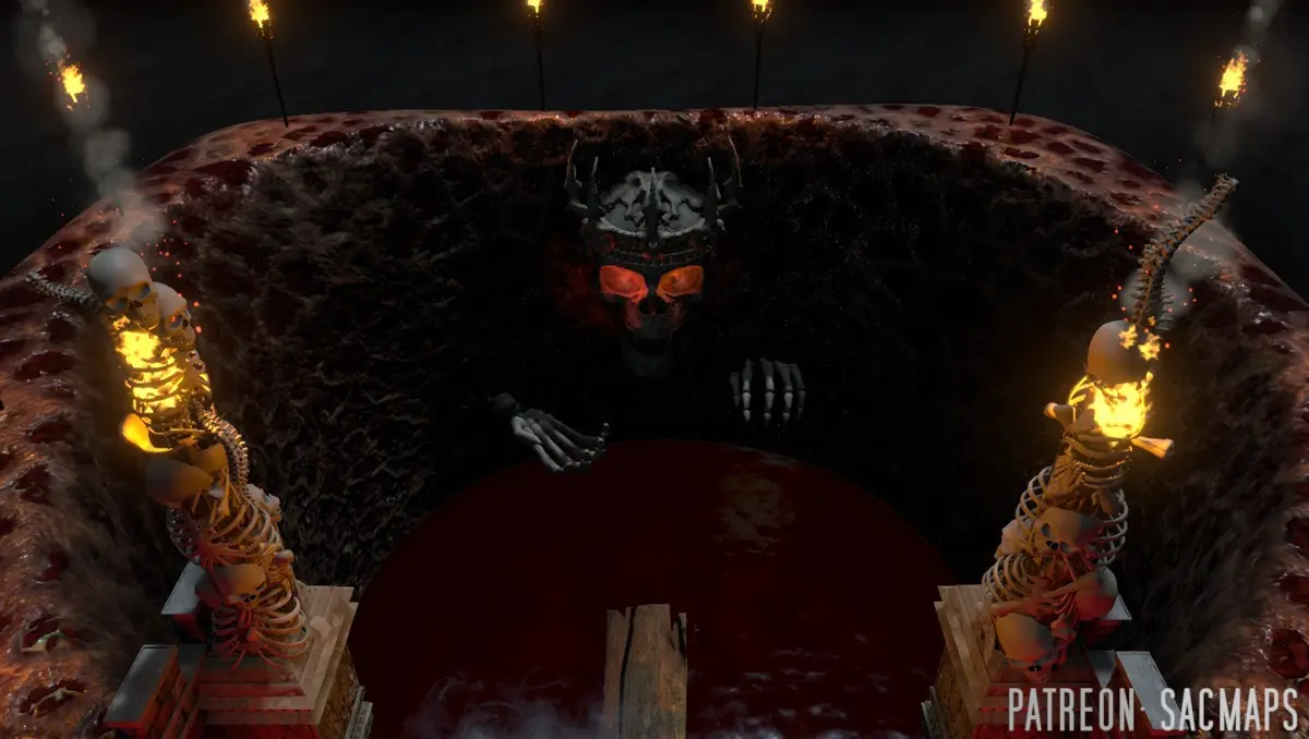 A dark, blood-filled pit features a large skull with glowing orange eyes and horns, flanked by two flaming skeleton torches…
