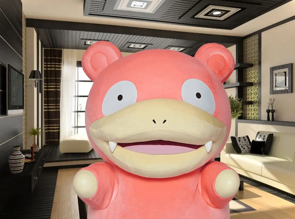 A giant, pink, plush-like Pokémon resembling a bear with a wide grin and prominent fangs stands in the center of a modern…